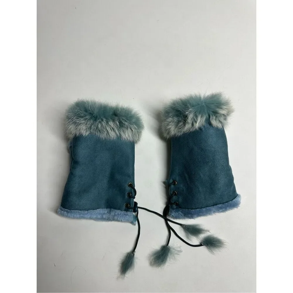 Women’s Faux Suede Fingerless Gloves Sky Blue One Size Rabbit Fur Trim Lace Up
